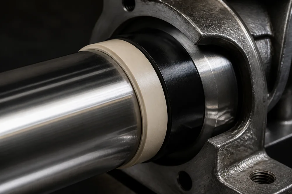 Close-up technical view of a black and natural PEEK shaft sleeve installed between a shaft and bearing housing