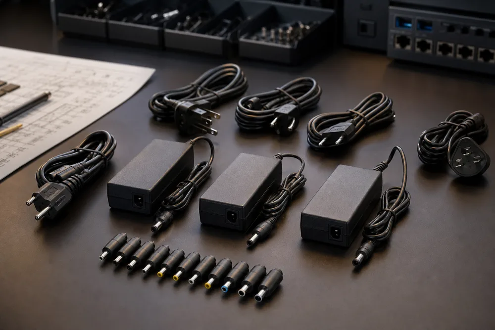 Compact black 12W desktop power adapters with interchangeable regional AC leads and several DC connector tips on a procurement desk