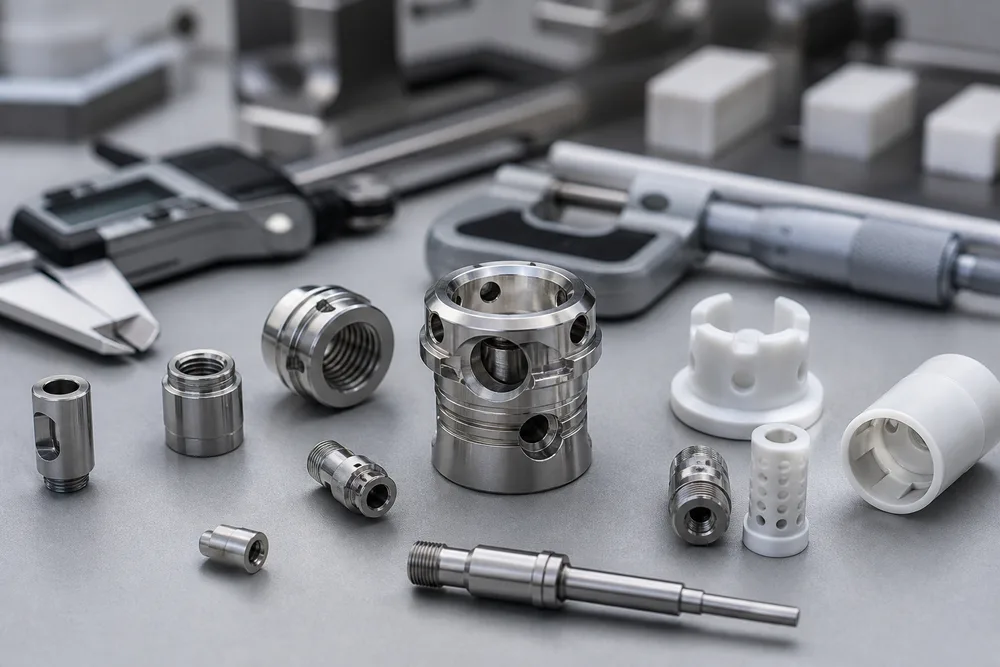 Close-up of precision-machined medical device components in titanium, stainless steel, and white engineering polymer on an inspection bench