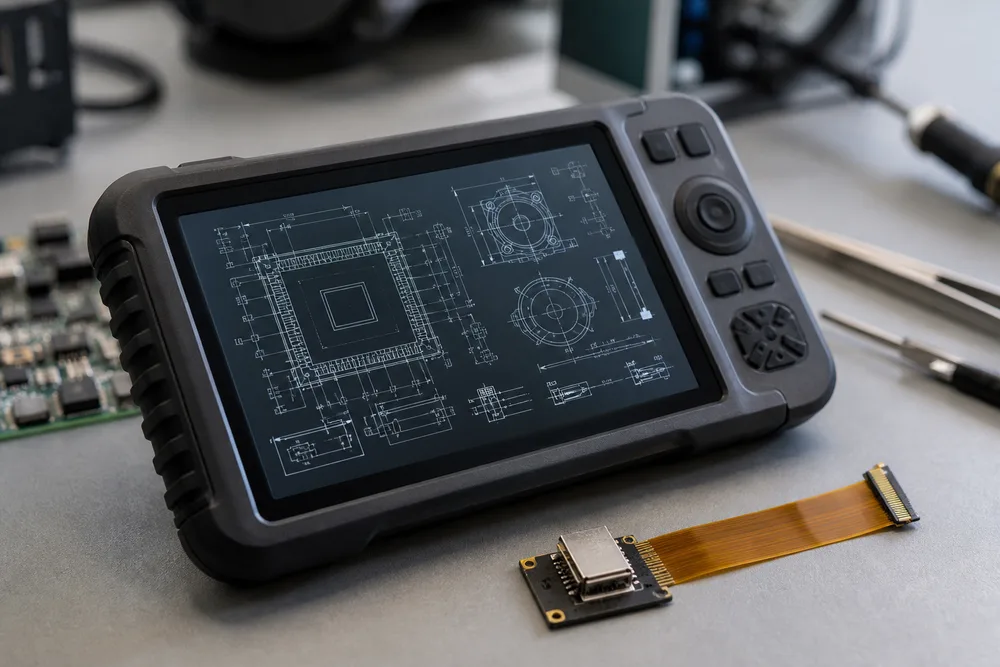 Compact industrial handheld device showing a 3.17-inch IPS TFT LCD with engineering drawings and MIPI FPC connector nearby