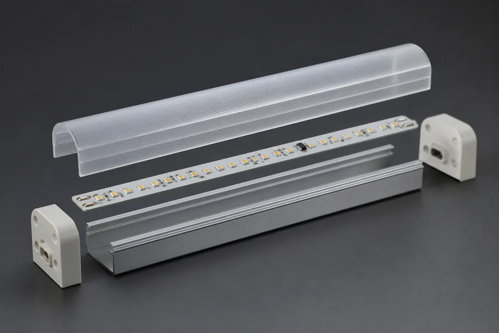 OEM LED tube assembly showing a T10 polycarbonate cover, aluminum base, PCB and end caps