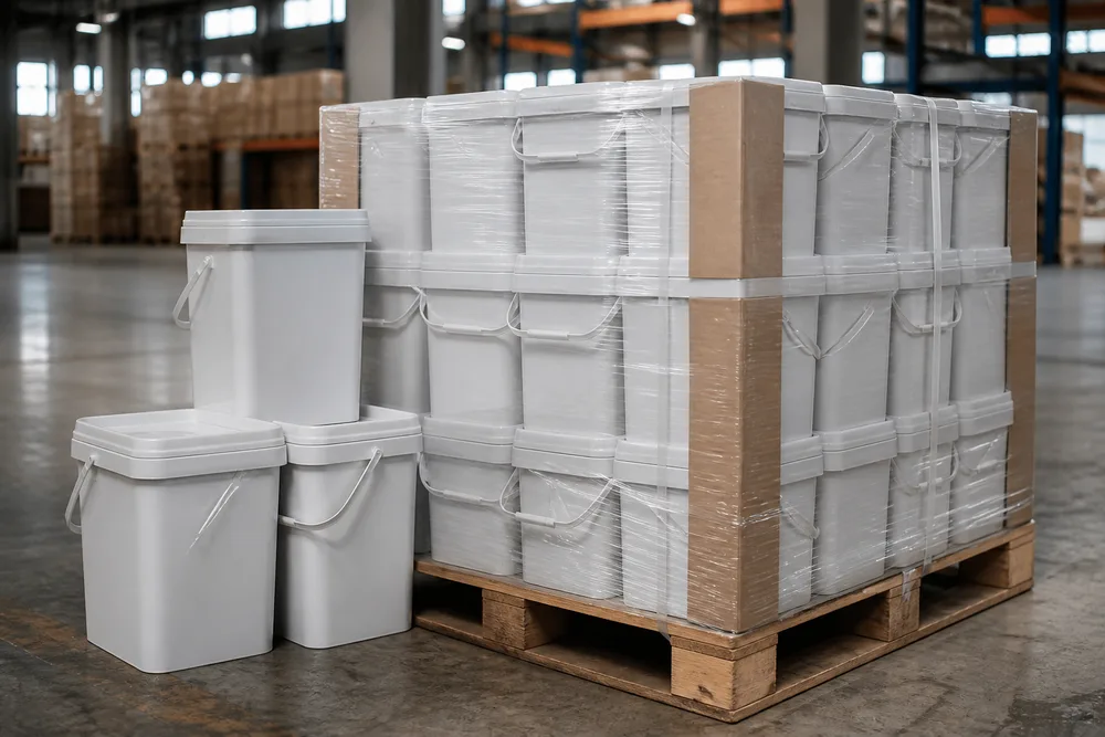 20L square plastic pails arranged on a warehouse pallet for international export procurement