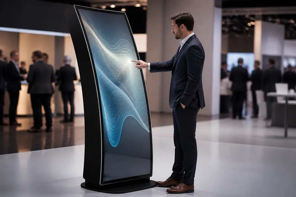 Indoor floor-standing curved interactive display at a trade exhibition with a visitor using the touch screen