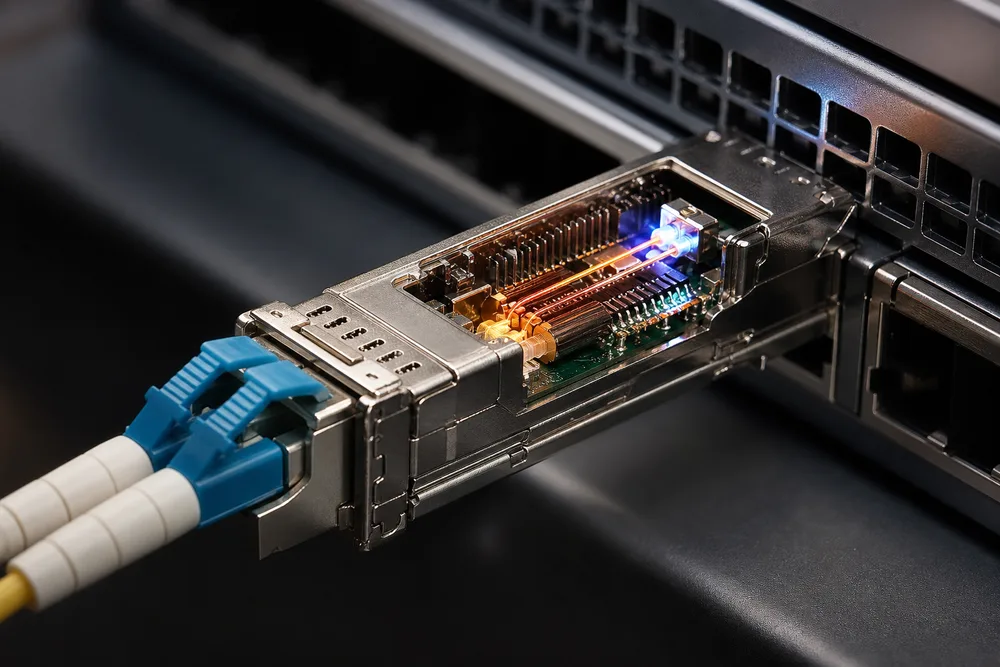 Close-up technical illustration of a pluggable optical transceiver connecting a switch port to duplex fiber, showing electrical-to-optical signal conversion