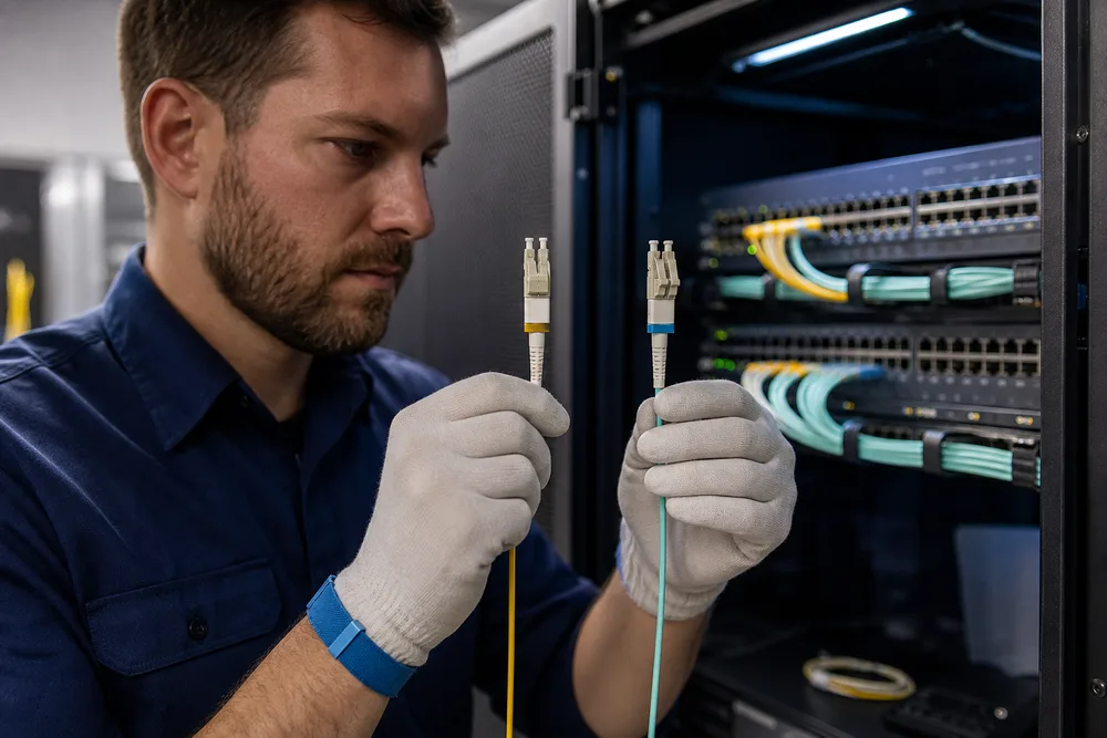 24 port gigabit fiber switch Technician comparing labeled single-mode and multimode fiber patch leads beside an Ethernet switch in a network cabinet