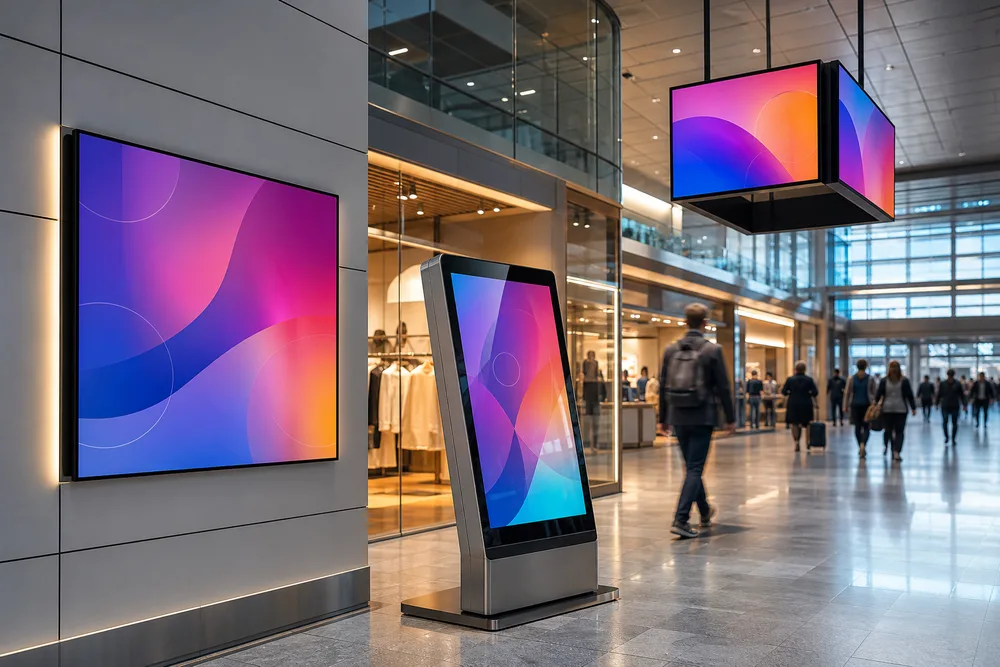 Commercial LCD displays in a retail and transport setting, showing wall signage, a touch kiosk, and a double-sided screen