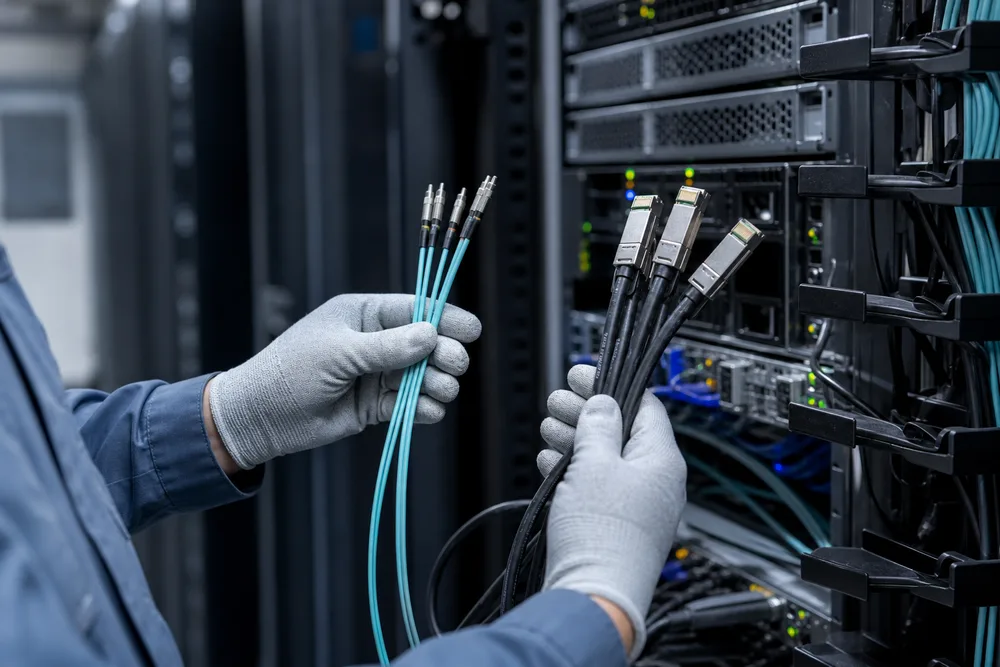 40G QSFP+ AOC cable Technician comparing slim active optical cables and thicker direct attach copper cables in a high-density data center rack pathway