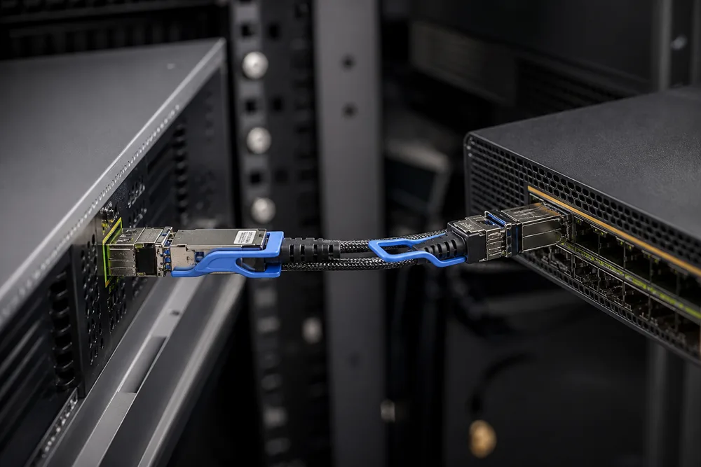 Close-up of AOC and DAC cable ends connected between a server and network switch in a technical equipment rack