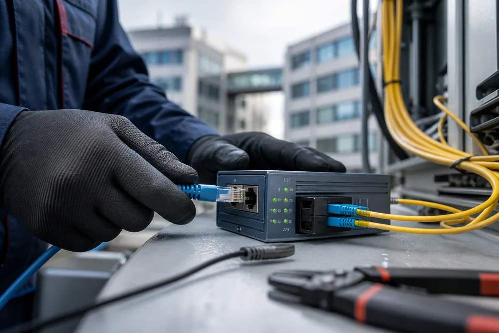 Technician connecting an RJ45 Ethernet device to a fiber media converter beside a building-to-building fiber link