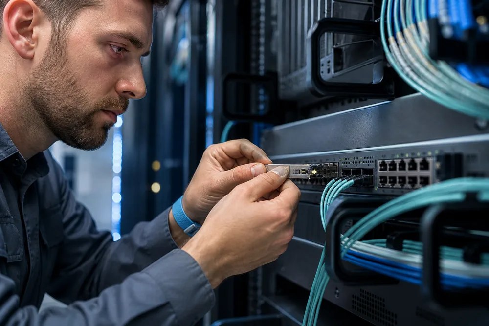 Network technician connecting an optical transceiver to a switch with fiber routes serving data center, campus, and telecom sites