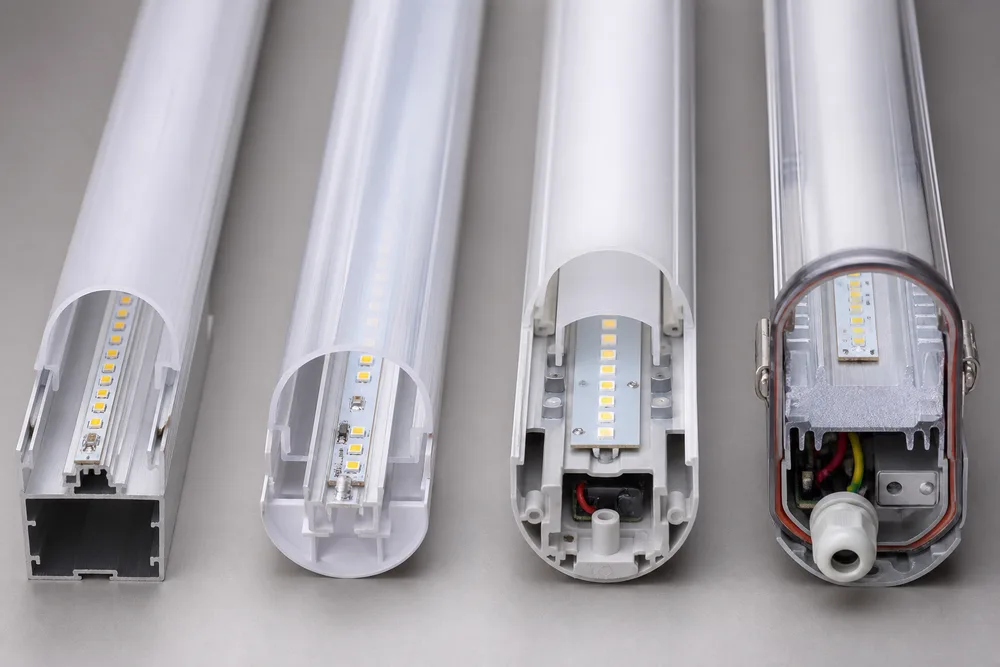 Cross-section comparison of LED tube housing constructions with PC cover, aluminum base, plastic tube, and tri-proof enclosure