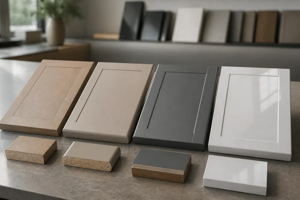 Close-up comparison of melamine, thermofoil, lacquer, and acrylic kitchen cabinet door samples on a supplier review table