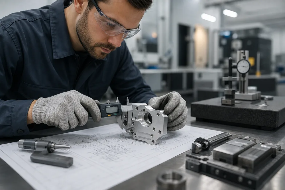 Inspector measuring a custom machined metal component against a technical drawing