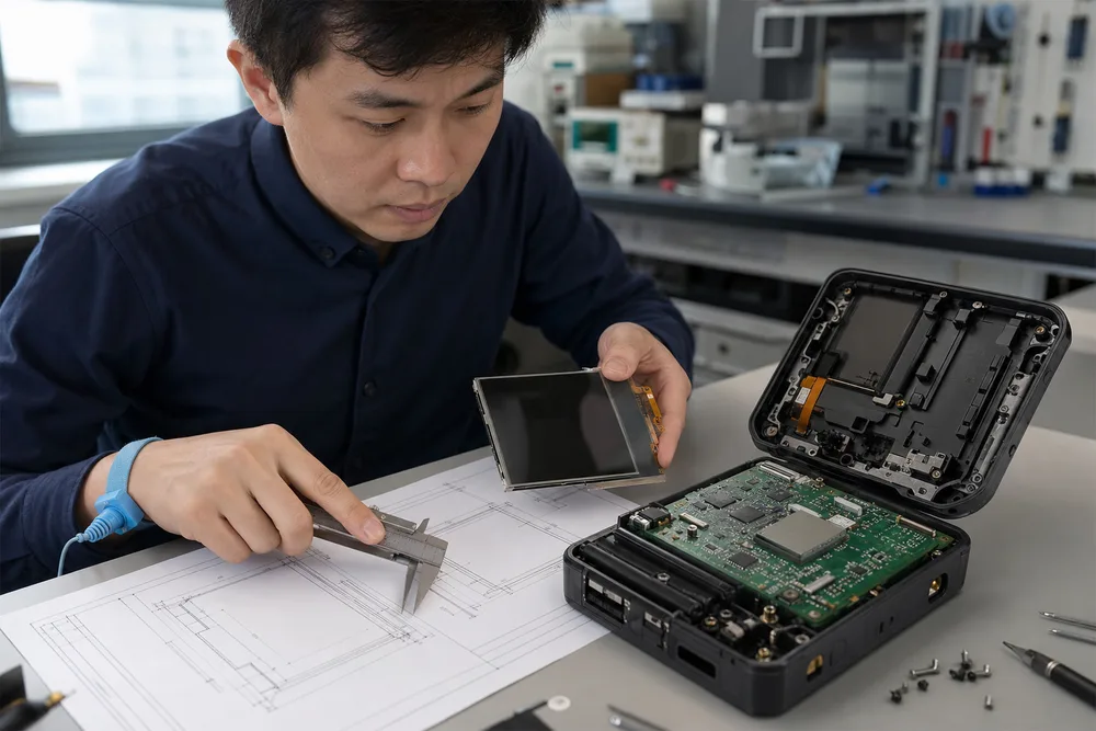OEM engineer reviewing an LCD module drawing beside a handheld device enclosure and circuit board
