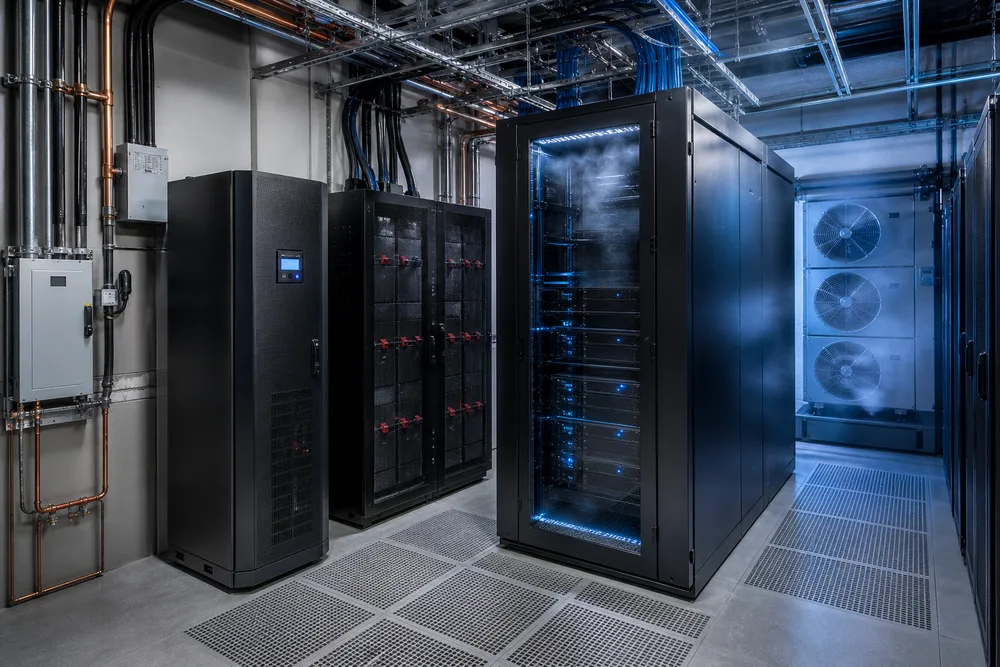 Diagram of a compact data center showing utility power, UPS, battery cabinet, power distribution, server cabinet, and precision cooling airflow