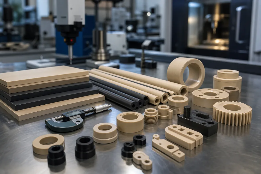 PEEK sheets rods tubes and precision custom plastic components arranged in a clean manufacturing inspection setting