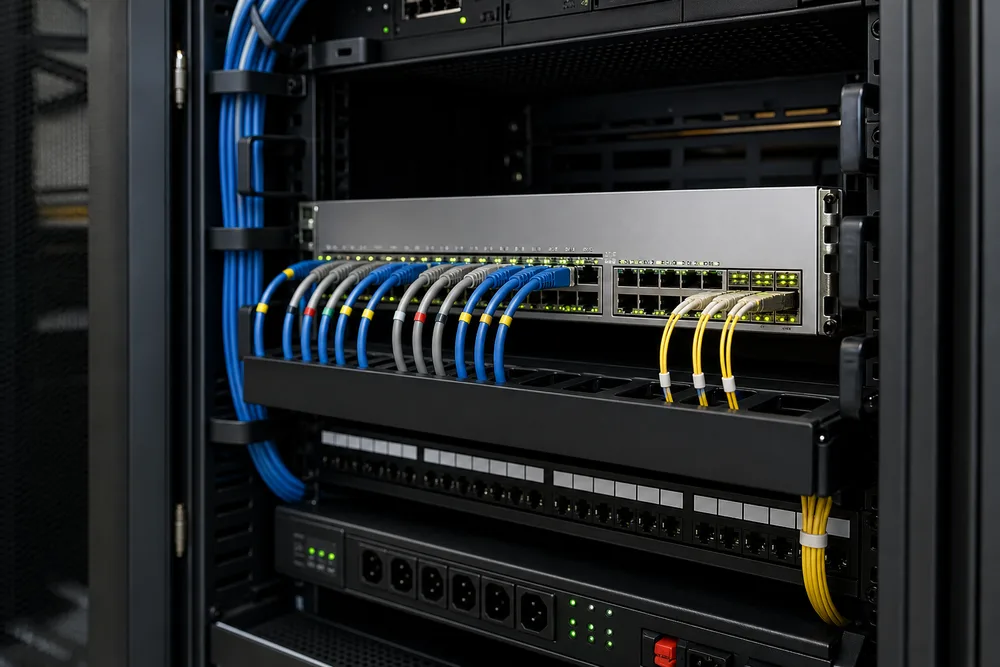 Fiber Ethernet Switches Fiber Ethernet switch in a network cabinet with copper device connections and labeled optical fiber uplinks