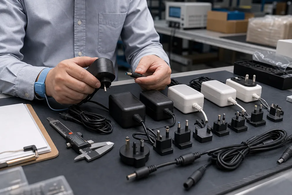 Procurement engineer comparing external power adapter samples, DC connectors, detachable plugs and compliance labels on a workbench
