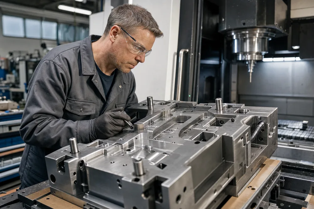 Injection mould workshop technician inspecting a plastic injection mould beside CNC equipment