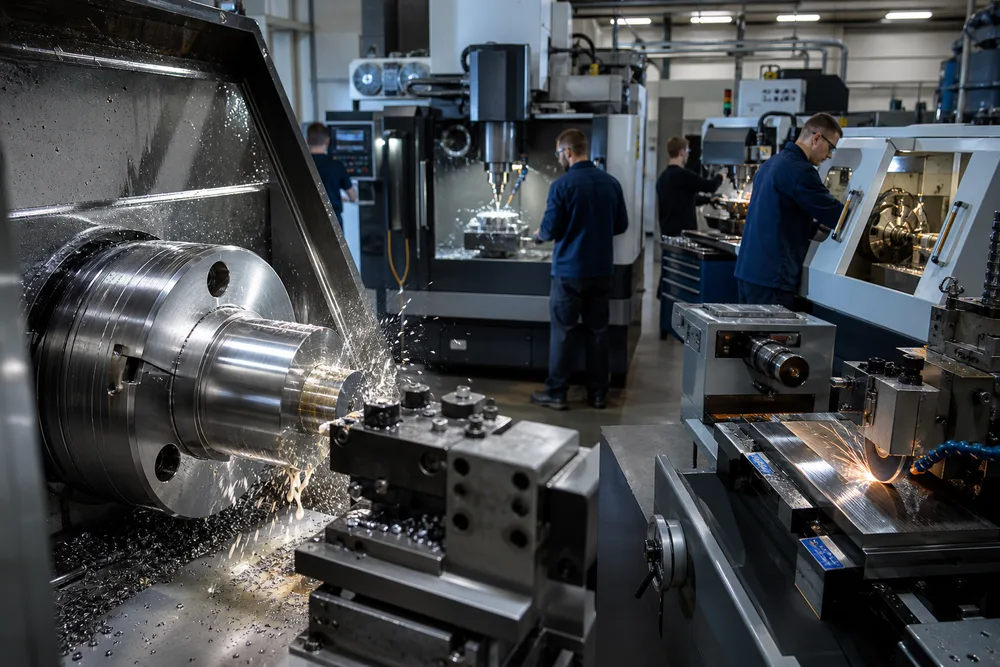 Close view of CNC turning, milling, Swiss machining, EDM, and precision grinding operations