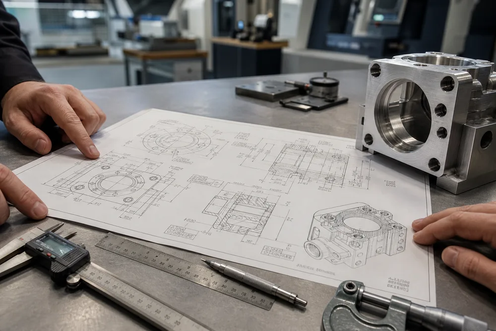 Engineering drawing with critical dimensions and machining feature callouts for supplier review