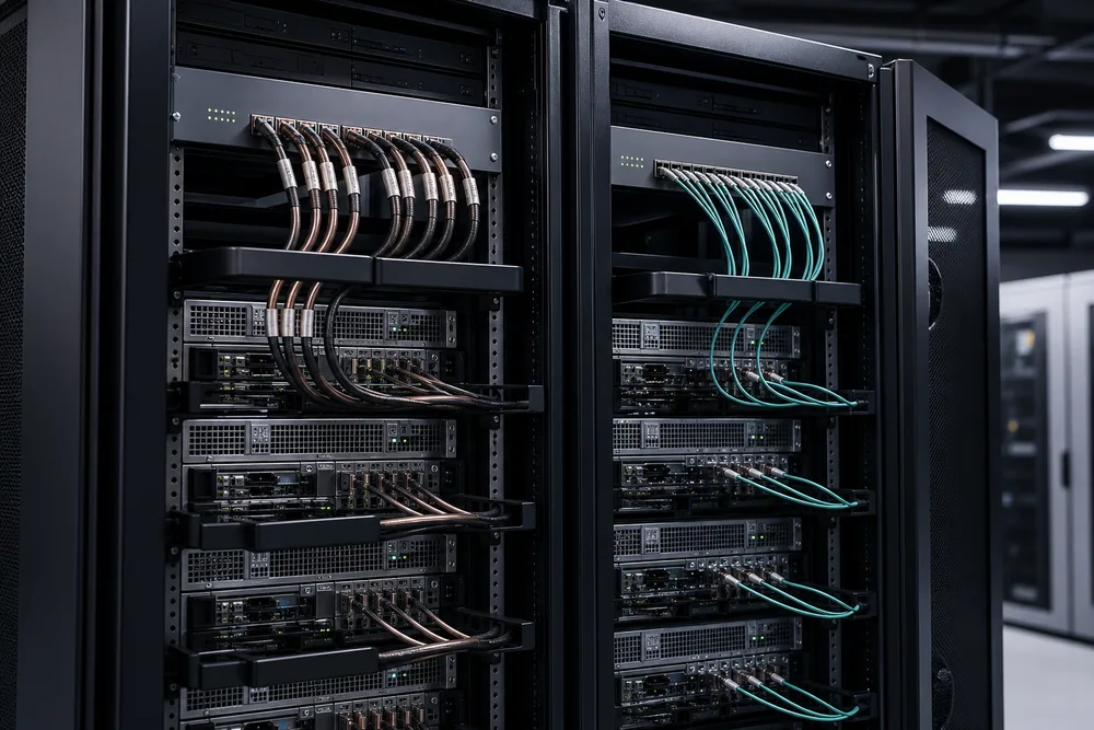 Side-by-side data center rack view showing twinax copper DAC cables and slim fiber-based AOC cables connecting servers to a top-of-rack switch