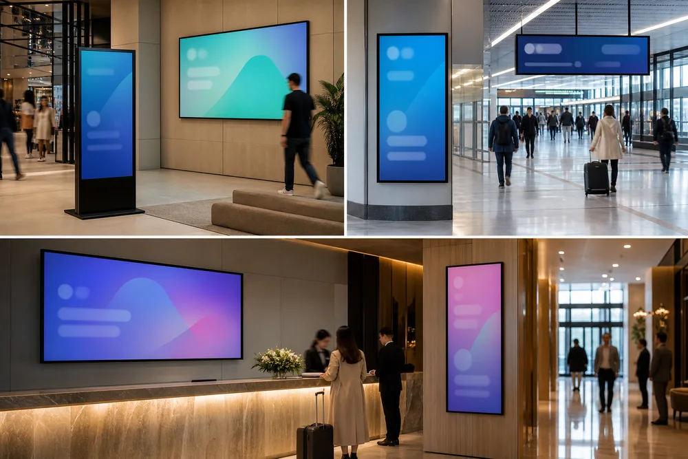 Commercial digital signage formats installed in a retail lobby, transit station, and hotel reception area