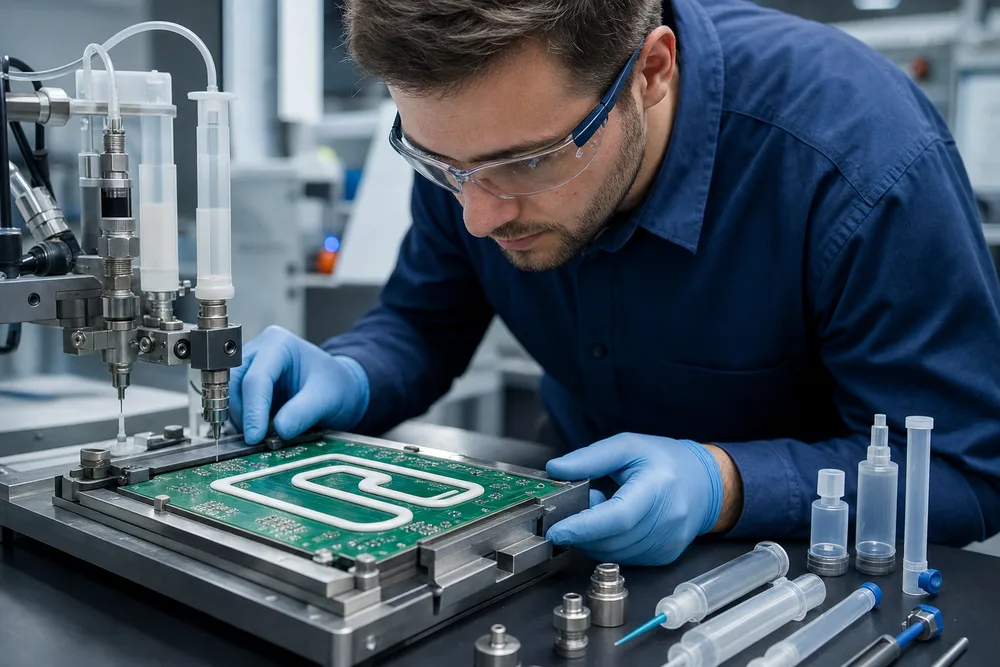 Electronics engineer reviewing a dispensing pattern on a PCB fixture beside fluid cartridges and valve components