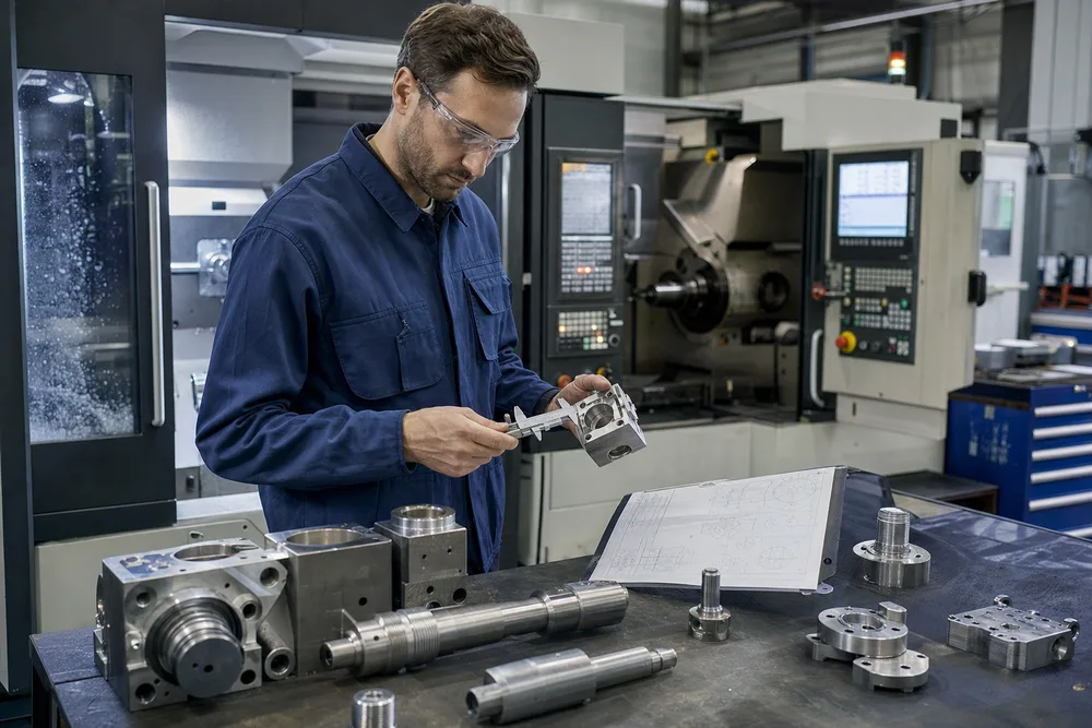 Machinist reviewing a technical CAD drawing beside CNC milling and turning components in a precision manufacturing shop
