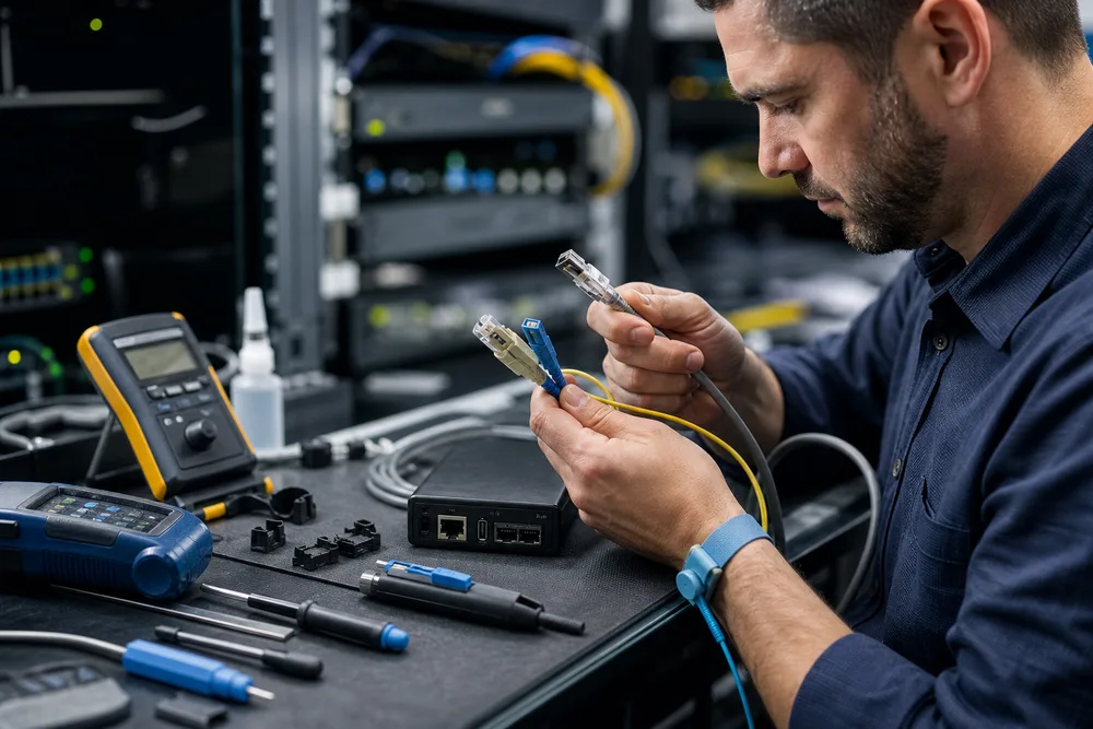 China Fiber Media Converters Factory Network technician verifying RJ45 copper and fiber connector requirements for an Ethernet-to-fiber media converter installation