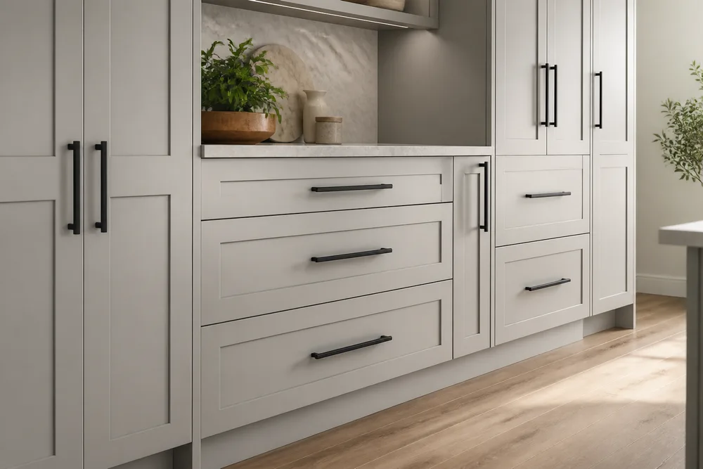 Light gray shaker kitchen cabinets with consistently aligned matte black bar pulls under natural kitchen lighting