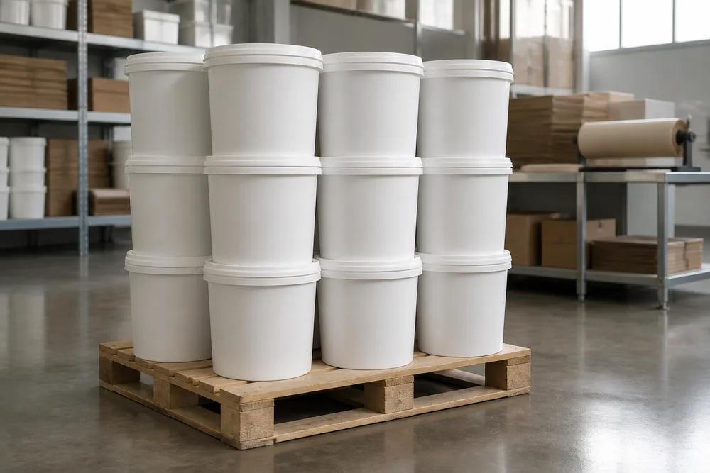 Stacked white round plastic pails with fitted lids in a clean warehouse packing area