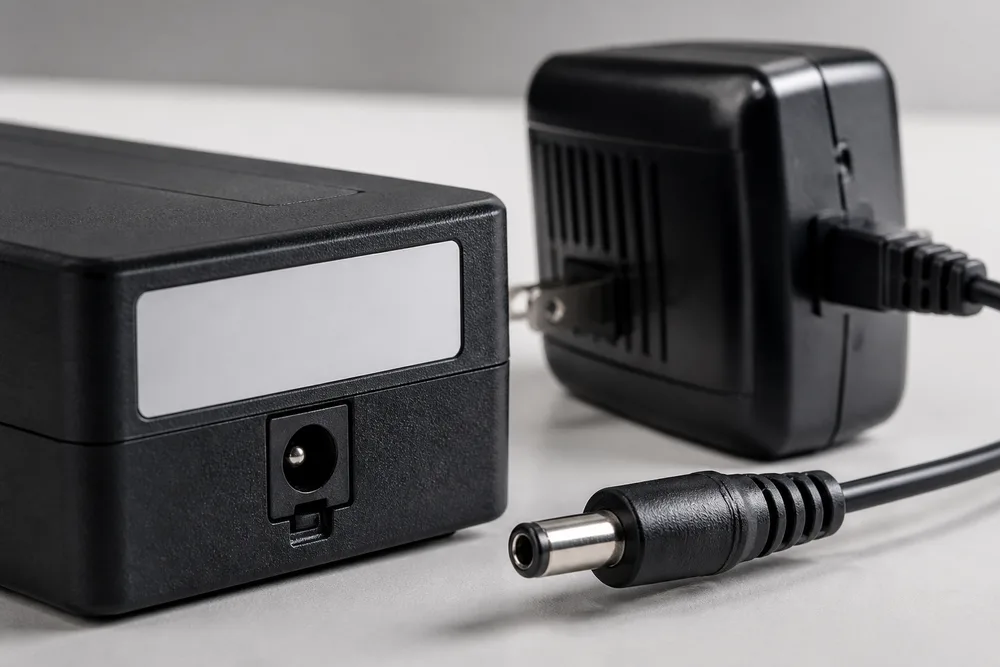 Close-up of a low-power device input label beside a desktop AC/DC adapter and DC barrel connector