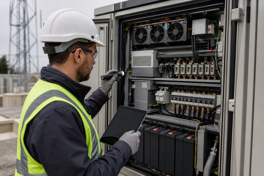 Technician reviewing cooling, UPS, battery, and power distribution layout inside an outdoor communications cabinet