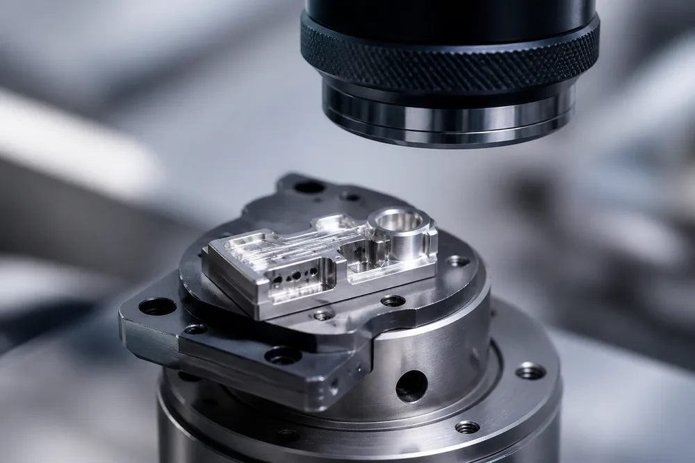 Close-up of a medical micro component with tiny holes and delicate machined features under precision inspection