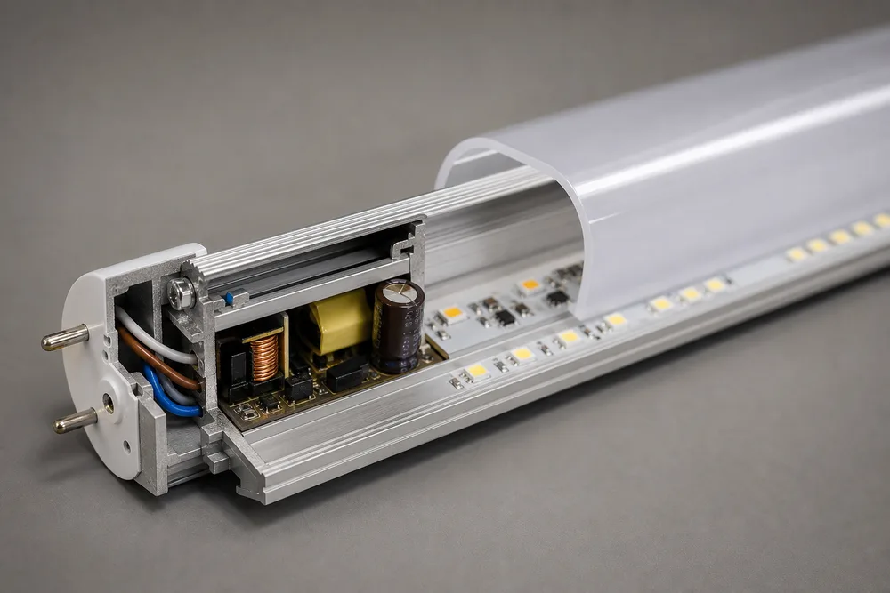 Cross-section of a T12 LED tube housing showing a 6063 aluminum base, LED PCB, internal driver space, and polycarbonate diffuser